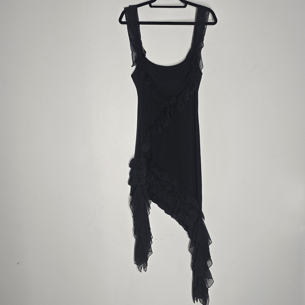 LEAU Black Ruffle Mesh Gothic Fairy Grunge Maxi Dress XL Coquette Formal Goth